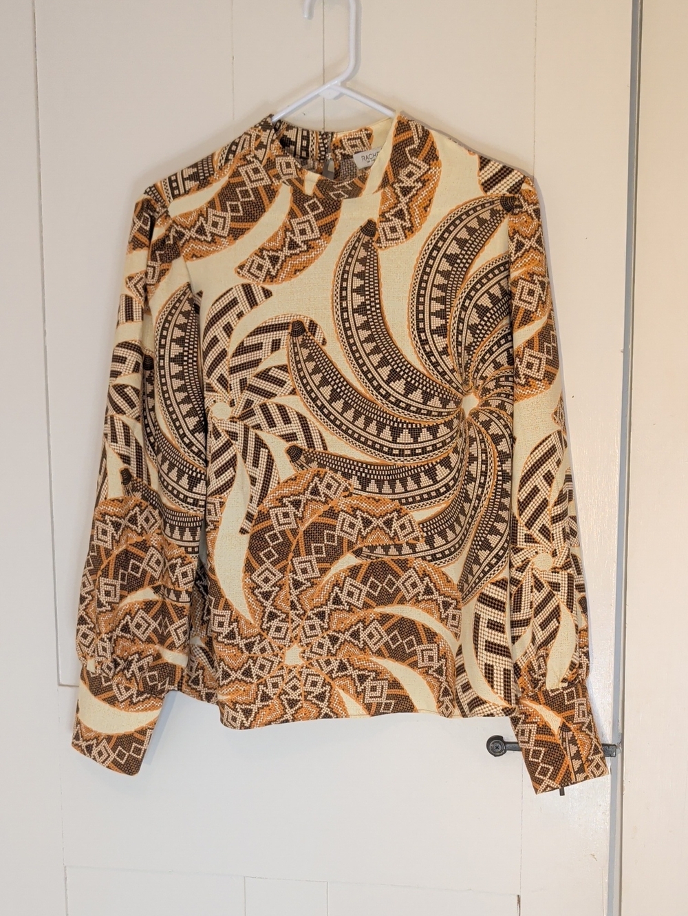 Rachel Zoe Blouse Brown Cream Tan Aztec Swirl-Print Long Gathered Sleeve L Top - Picture 15 of 15